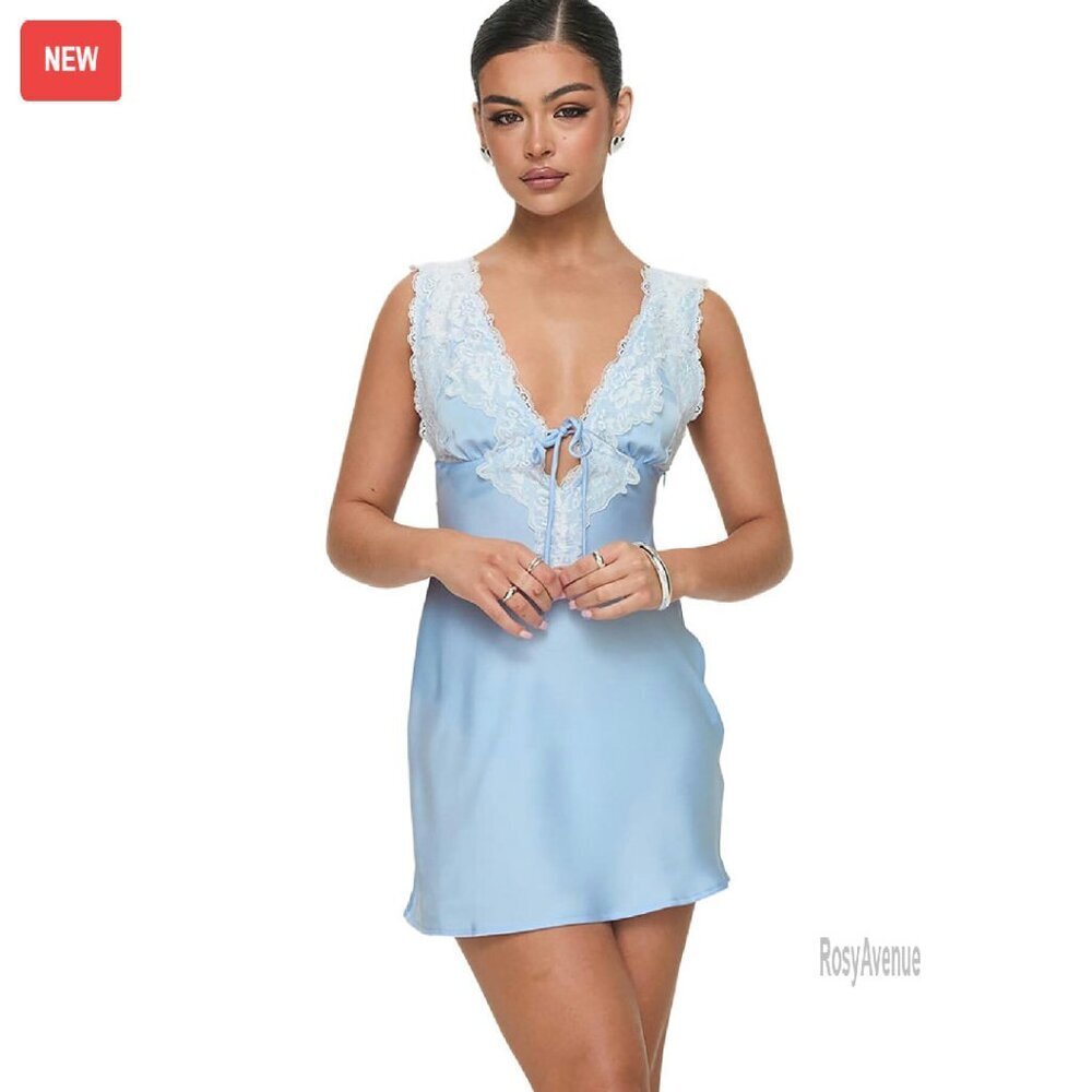 Satin Mini Dress with Lace Trim, Plunging Neckline, Size 0-12